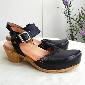 Dansko Black Leather Ankle Strap Clogs